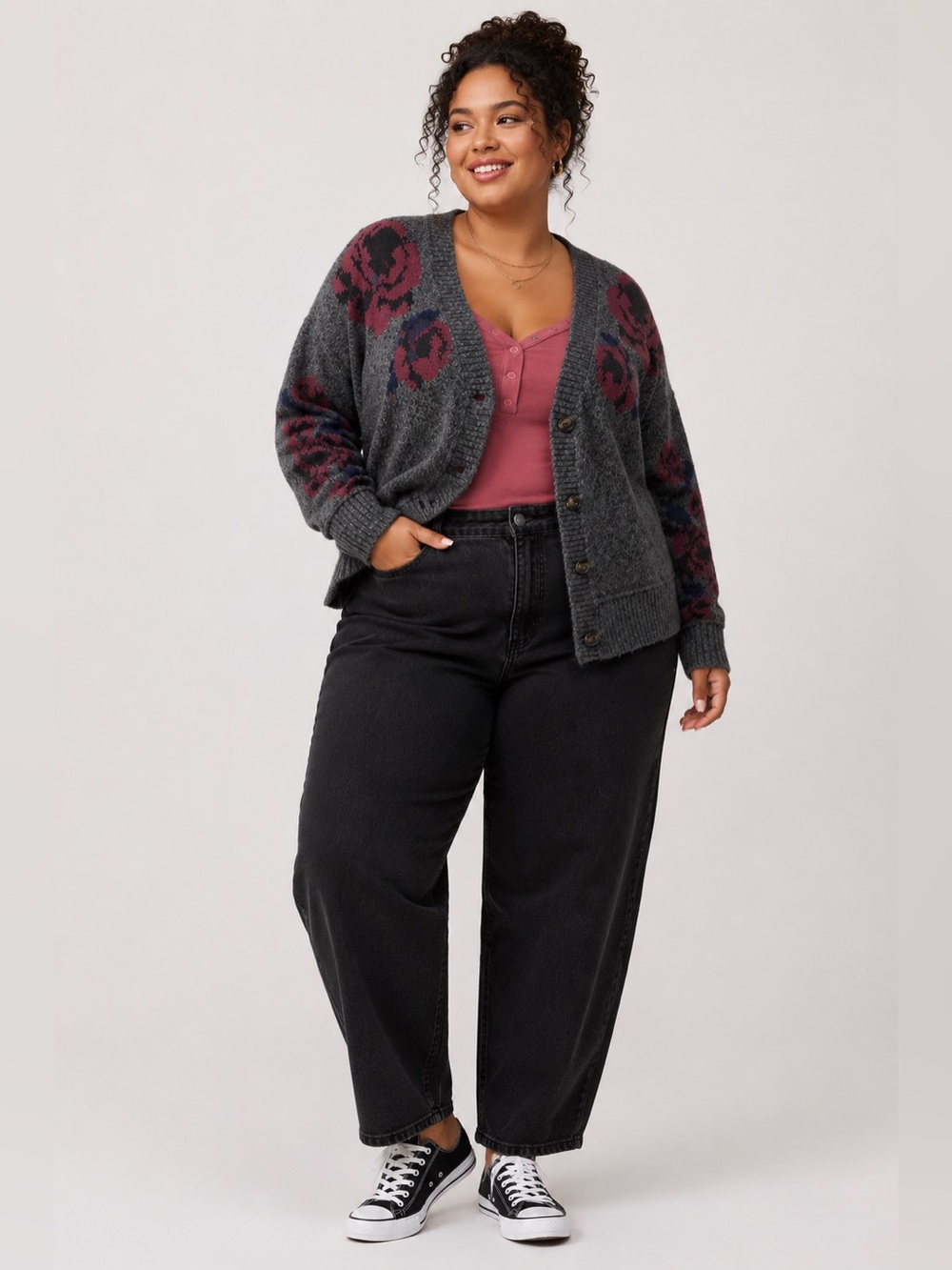 Torrid Vegan Cashmere Floral V-Neck Cardigan Sweater Gray Plus Size 1X 14/16